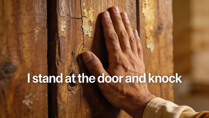 Hand knocking on wooden door with message of invitation  