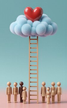 Wooden figures climb ladder to reach red heart atop fluffy cloud, symbolizing love and aspiration.