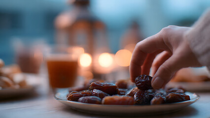 Delicious dates on a plate, iftar atmosphere in the ramadan