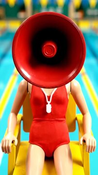 Surreal Lifeguard Doll with Megaphone Head on Chair in Swimming Pool Dolly In
