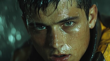 Wet Man Rain Intense Closeup.