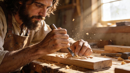 Craftsman focused on carving wood in a sunlit workshop  