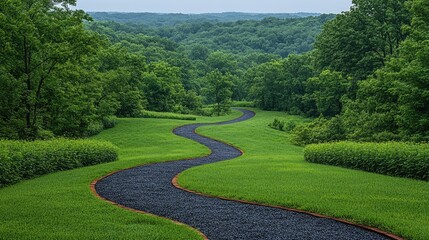 Winding path with green hills, and landscape.