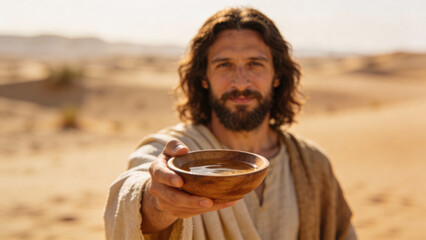 Jesus Christ offering bowl in the desert setting  