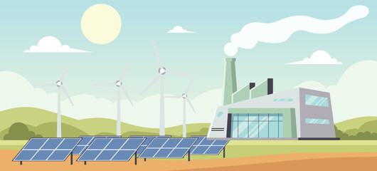 Renewable energy factory with solar panels and wind turbines showing clean power production, sustainable industry, and green technology in flat vector style