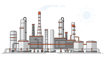 Industrial factory plant with pipes, tanks, and smokestacks showing heavy industry, energy production, and manufacturing infrastructure in flat vector design