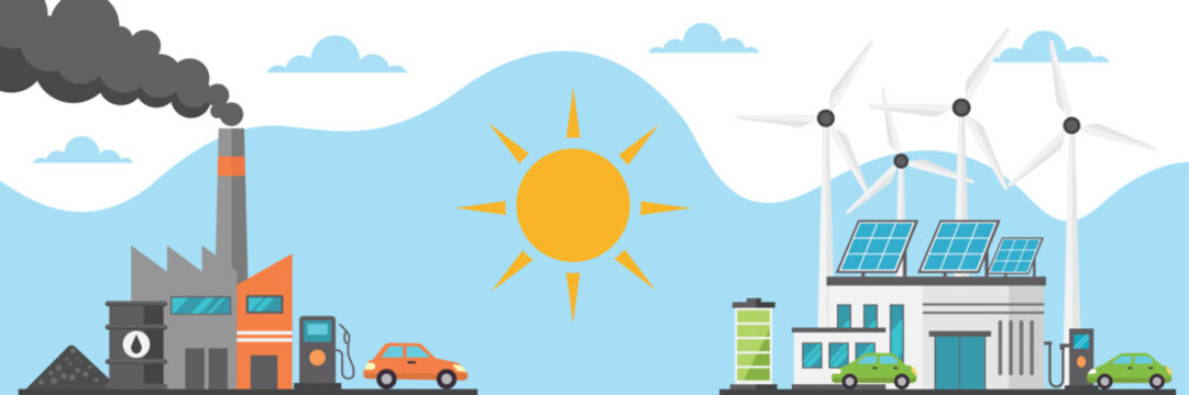 Energy transition concept showing fossil fuel factory and renewable power plant with solar panels wind turbines and electric cars in flat vector style