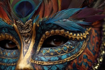 Feathered Mardi Gras Carnival Mask Close Up