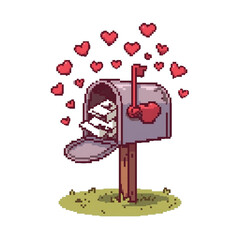 A pixelated mailbox overflowing with love on transparent background : illustrations and elements for valentines day