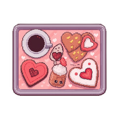A pixel art illustration of a heartwarming Valentine's Day breakfast on transparent background : illustrations and elements for valentines day