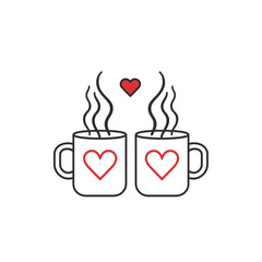 Two steaming coffee mugs with heart designs on transparent background : illustrations and elements for valentines day