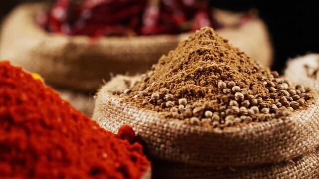 Rustic Burlap Sacks Overflowing with Vibrant Ground and Whole Spices for Cooking