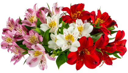 A vibrant collection of Peruvian lily flowers. The assortment includes shades of red, pink, and white. They have intricate patterns