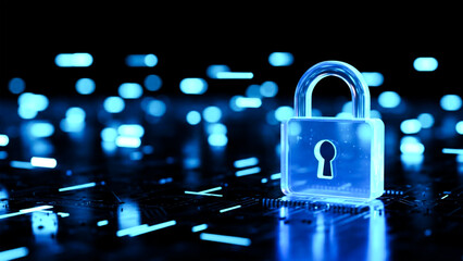 A glowing blue digital padlock symbolizes data security protection concept on a dark technological background.