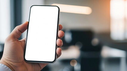 Corporate office close-up of professional holding mobile phone mockup