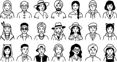 Line art front facing multicultural avatar headshots showing smiling characters wearing hats hijab turbans glasses and casual clothing in grid layout