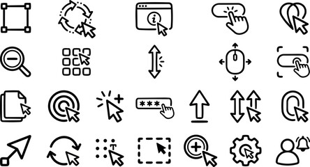 Minimal line icon set close up grid of mouse cursor and interface interaction symbols with consistent stroke and simple black outline