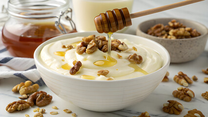 a close up shot depicts creamy yogurt swirled with chopped walnuts and golden honey drizzling from a dipper high quality professional

