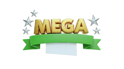 Golden 'MEGA' text with stars and green ribbon