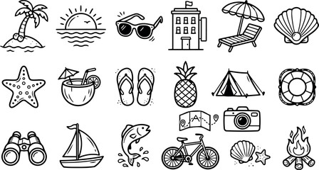 Line art hand drawn beach and travel icon set showing sunglasses flip flops tent camera sailboat palm tree camping elements vector
