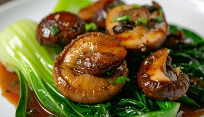 A vibrant and savory vegetarian dish, perfect as a lunar new year food, featuring glazed mushrooms and bok choy, captured in a close-up on a white plate.