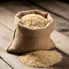 A burlap sack filled with brown rice placed on a wooden surface with spilled rice nearby