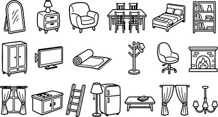 Line art hand drawn furniture icon set showing mirror armchair dining table bed bookshelf and fireplace in flat vector layout