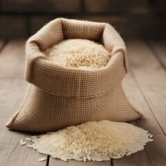 A burlap sack filled with white rice on a wooden surface with spilled rice grain