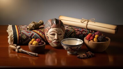 Antique mask scrolls and cultural artifacts display