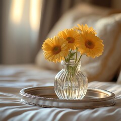 A silver tray with yellow gerbera daisies in a glass vase sits on a hotel bed  high resolution   for isolate image