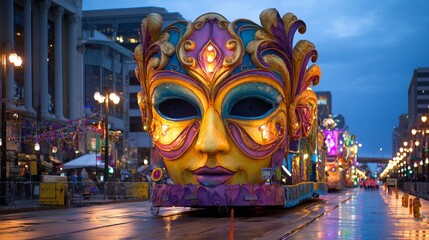 Mardi Gras Float with Giant Illuminated Mask