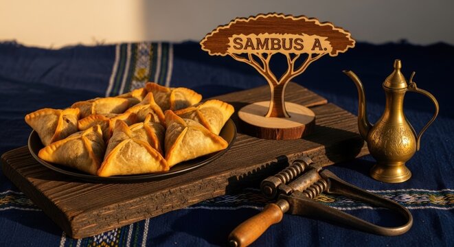 Golden Sambusa Savory Pastry on Indigo Gabi Fabric with Antique Tools and Acacia Sign
