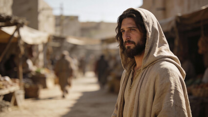 Jesus Christ contemplating in a market setting  