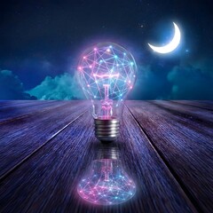 A glowing light bulb with a network of lines on a reflective surface under a starry sky with a crescent moon