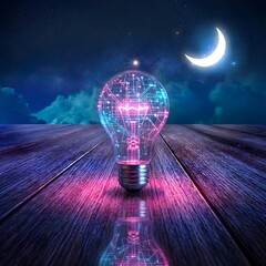 A glowing light bulb with a futuristic circuit on a reflective surface under a starry night sky with a crescent moon