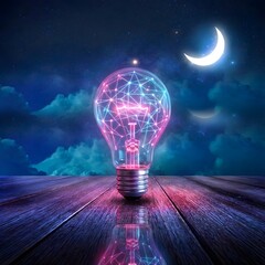 A glowing light bulb with a pink and blue network pattern on a wooden floor under a starry night sky with a crescent moon