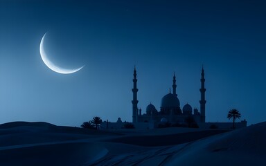 Crescent Moon Over Silhouetted Mosque in Desert Landscape at Night