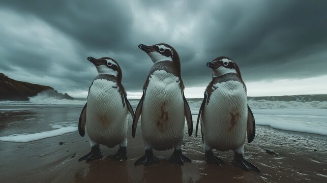 two penguins facing each other penguin in a line on the beach.