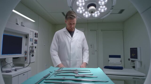 A doctor prepares surgical tools on a hospital bed inside a CT scanner room.