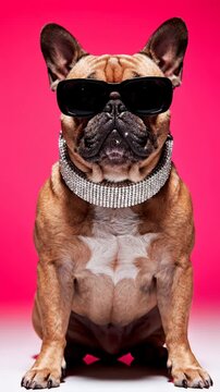 French Bulldog Wearing Sunglasses and Diamond Collar on Pink Background Zoom Out