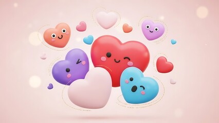 A heartwarming collection of adorable, smiling heart characters in soft pastel colors, depicting joyful emotions and affection, floating on a gentle pink background with bokeh