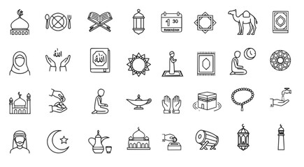 islam religion line icons set with prayer mosque lantern Quran crescent camel Kaaba hands, calendar, minimal black outline illustration, spiritual worship symbols collection, Ramadan faith, zakat
