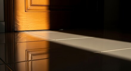 Sunlit doorway on tiled floor creates a stark contrast of dark and bright