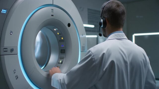 Medical professional in lab coat operating advanced MRI machine in modern hospital setting.