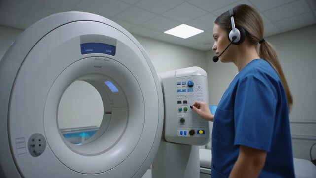 Female radiologist wearing headset near MRI machine in medical facility.