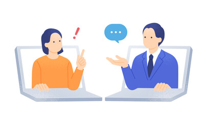 オンラインサポートを受ける顧客。疑問が解決して納得する女性のイラスト素材。