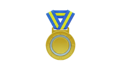 Gold medal with blue and yellow ribbon