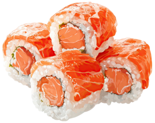 Stacked sushi rolls with bright orange fish and white rice visible.