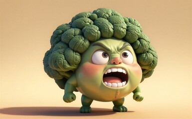 Green broccoli character screaming angrily with wide eyes and open mouth.