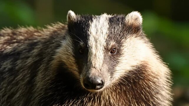 Closeup of a badger looking around.